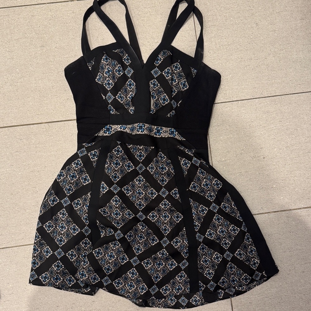 BCBG Black and Blue Patterned Dress with cutouts